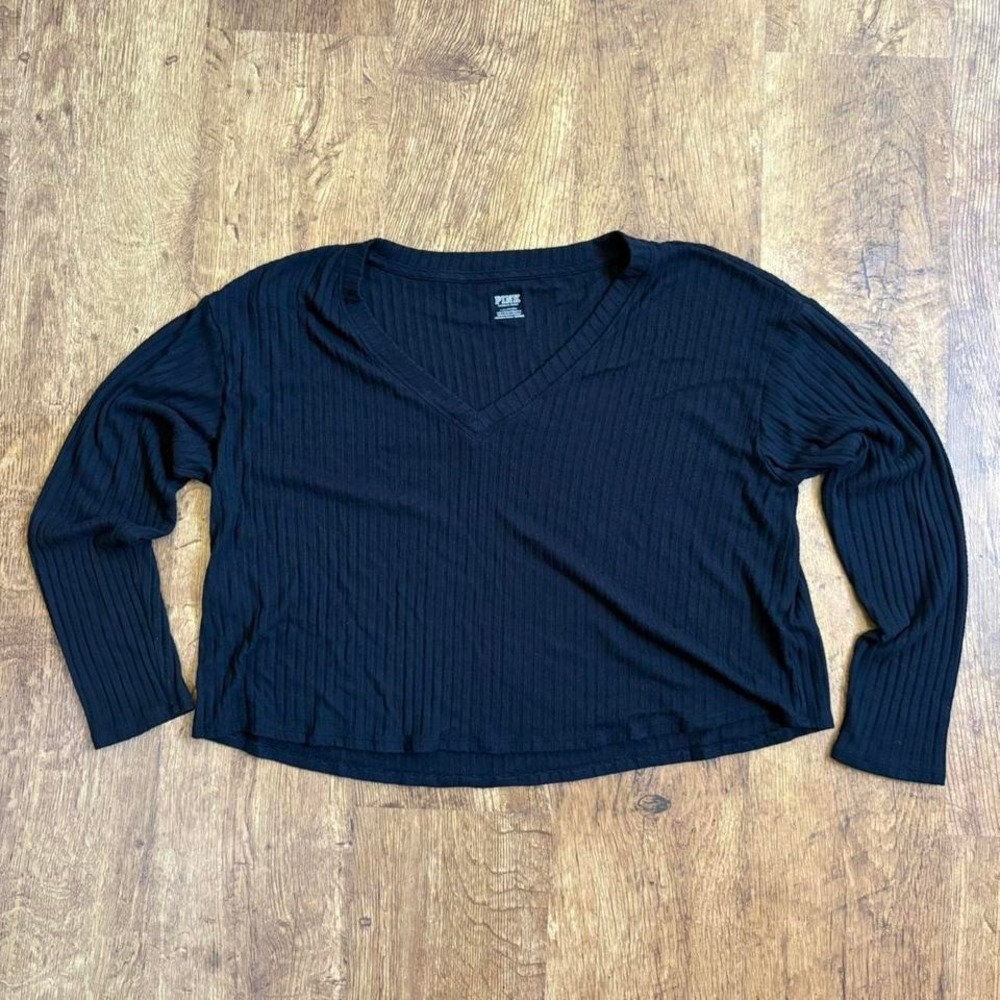 Victoria's Secret PINK Black Ribbed V-Neck Long Sleeve Top Large Streetwear Y2K